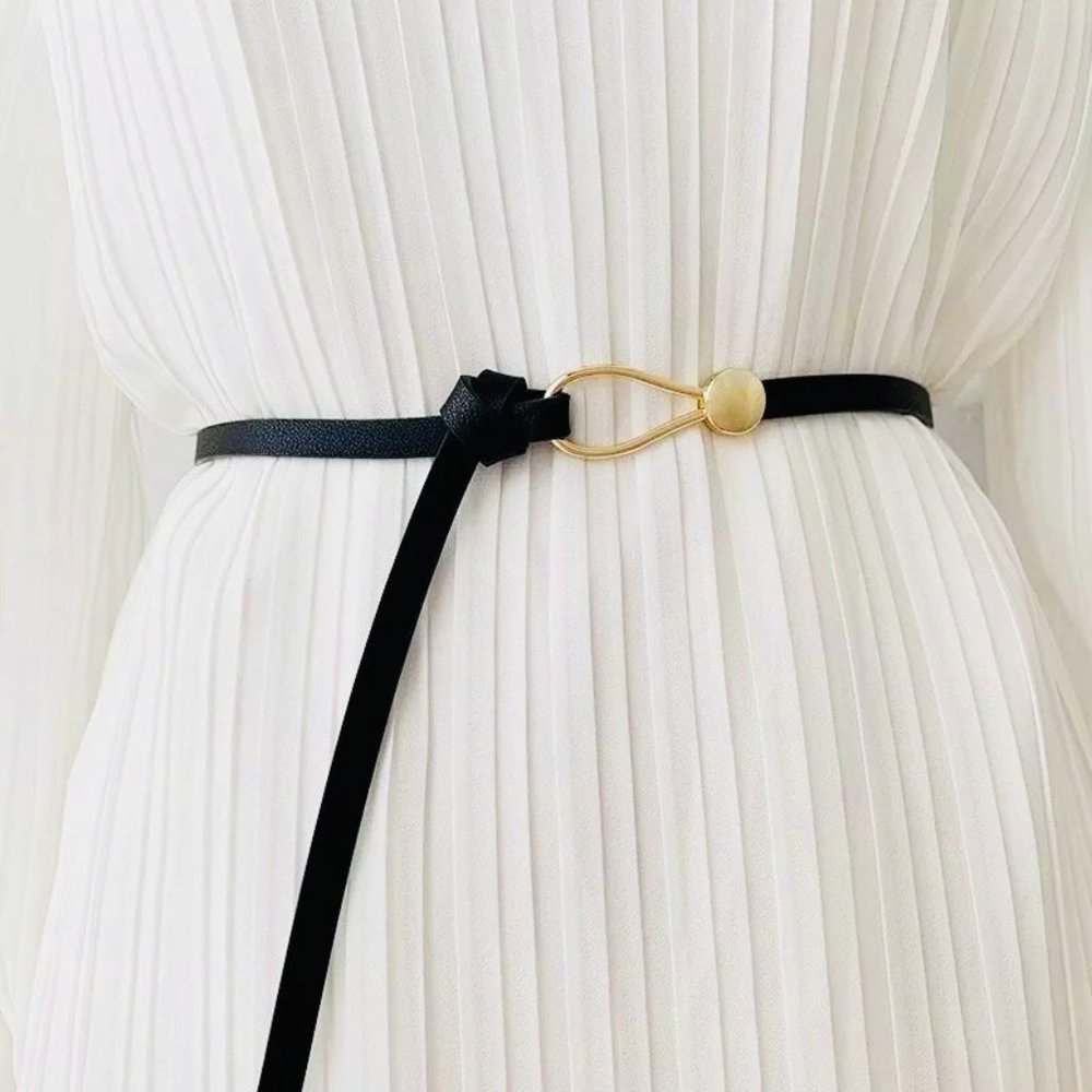 NEW Women’s Adjustable Self Tie Knot Brushed Gold Buckle Thin Faux Leather Belt - Picture 2 of 12
